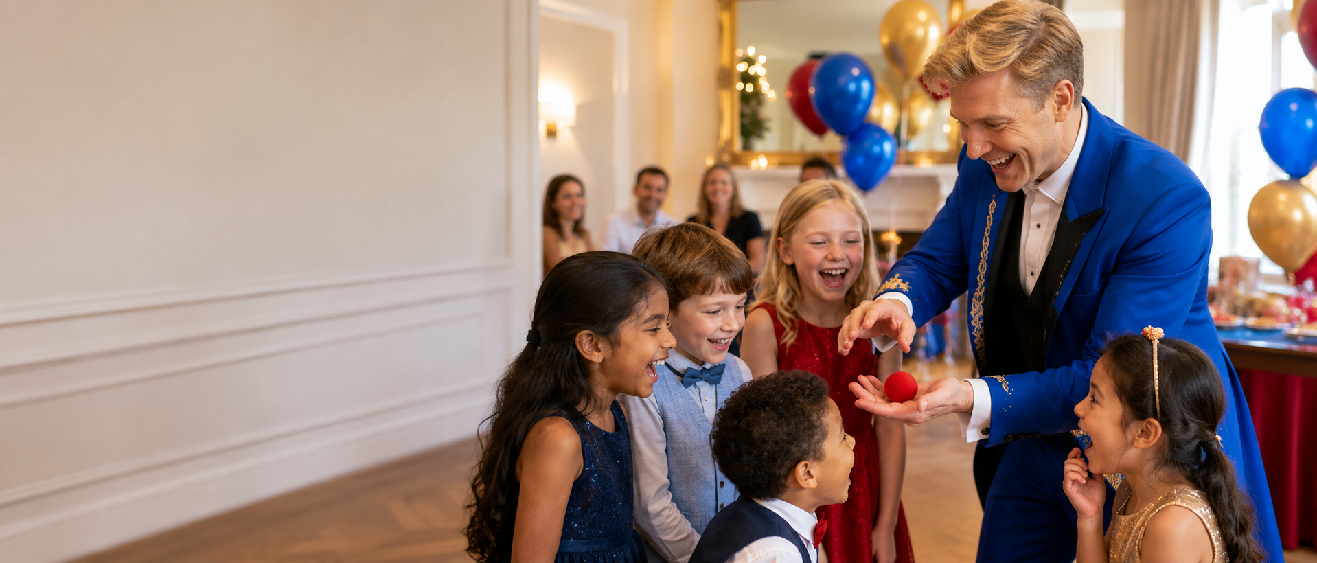 A cheerful family magician entertaining delighted children at a party