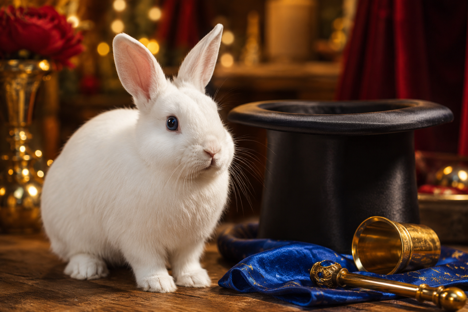 Merlin the white magic rabbit beside a top hat